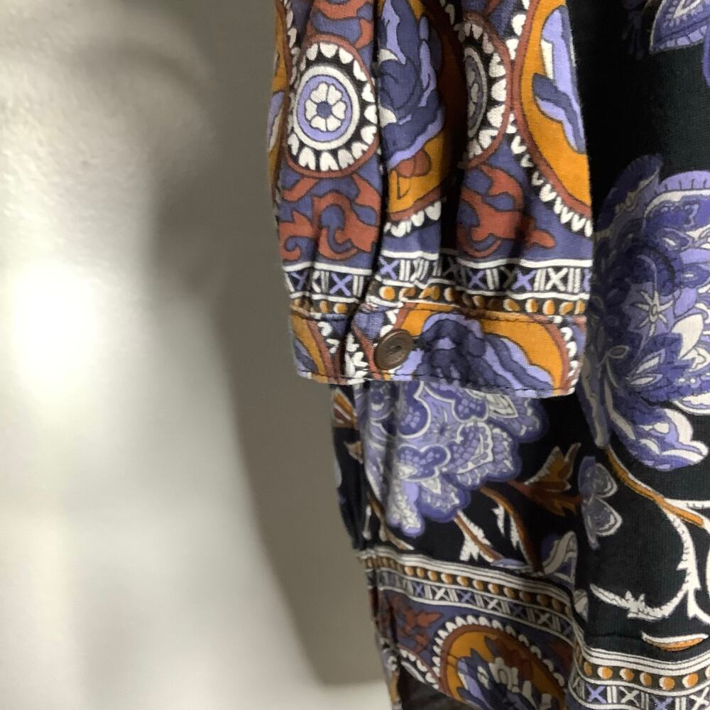 Lucky Brand Black Blue Tan Floral Print 3/4 Sleeve Boho Blouse Top Medium - Picture 3 of 7